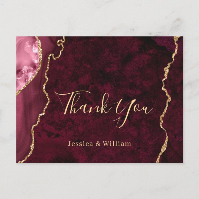 Modern Golden Burgundy Marble Wedding Thank You Postcard (Front)