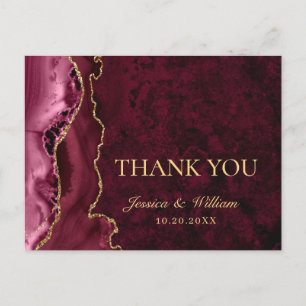 Modern Golden Burgundy Marble Wedding Thank You Postcard