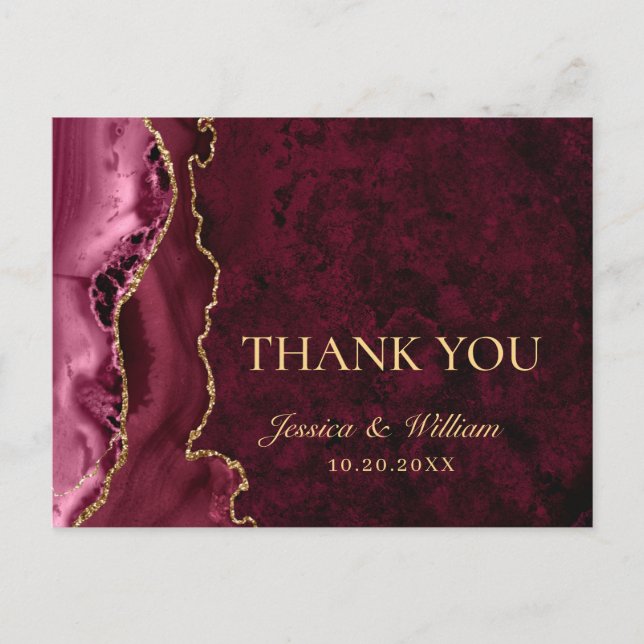 Modern Golden Burgundy Marble Wedding Thank You Postcard (Front)
