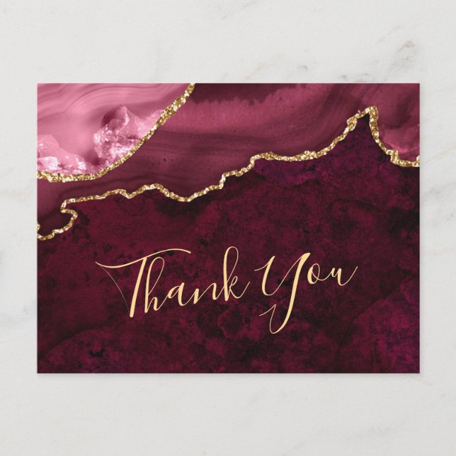 Modern Golden Burgundy Marble Wedding Thank You Postcard (Front)