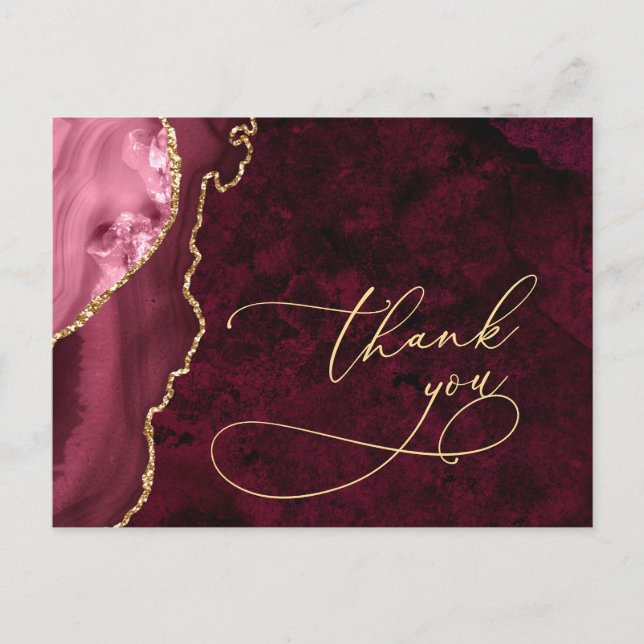 Modern Golden Burgundy Marble Wedding Thank You Postcard (Front)