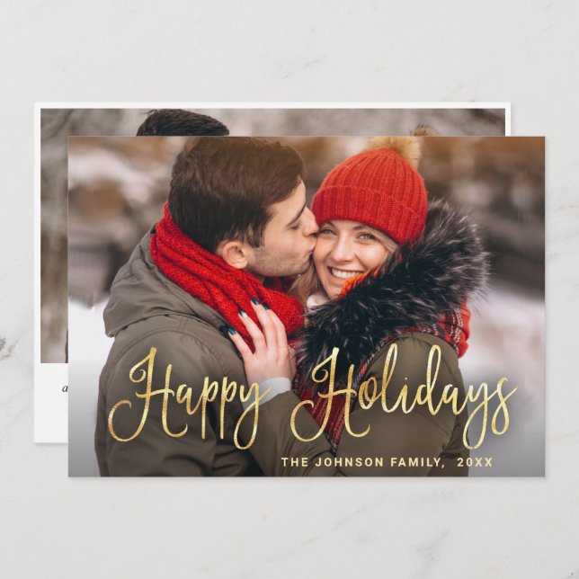 Modern Golden Christmas 2 PHOTO Greeting Holiday Card (Front/Back)