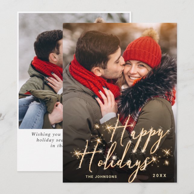 Modern Golden Christmas 2 PHOTO Greeting Holiday Card (Front/Back)