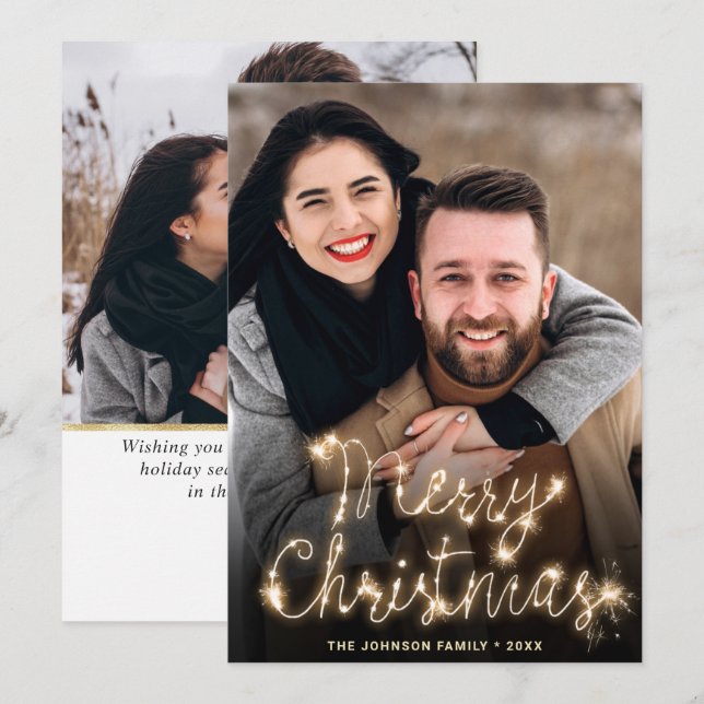 Modern Golden Christmas 2 PHOTO Greeting Holiday Card (Front/Back)