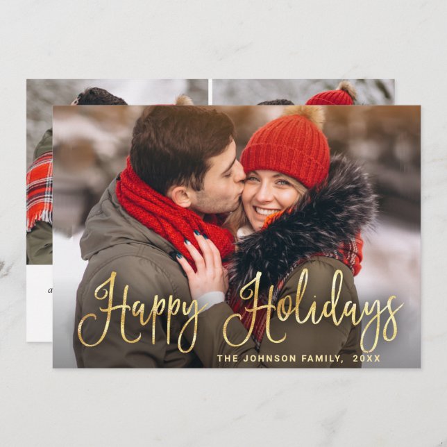 Modern Golden Christmas 3 PHOTO Greeting Holiday Card (Front/Back)