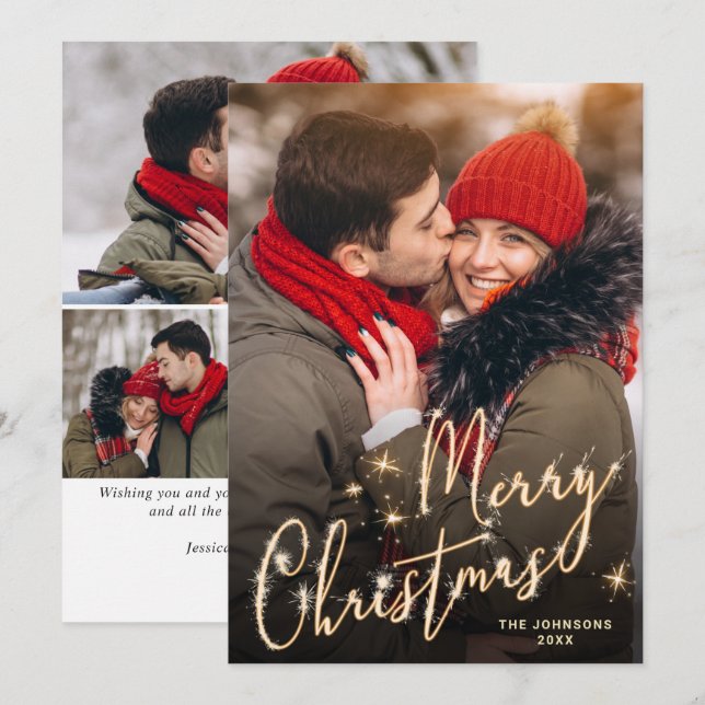 Modern Golden Christmas 4 PHOTO Greeting Holiday C (Front/Back)