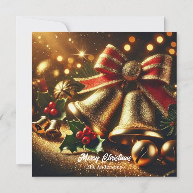 Modern golden Christmas bells and decorations Holiday Card (Front)