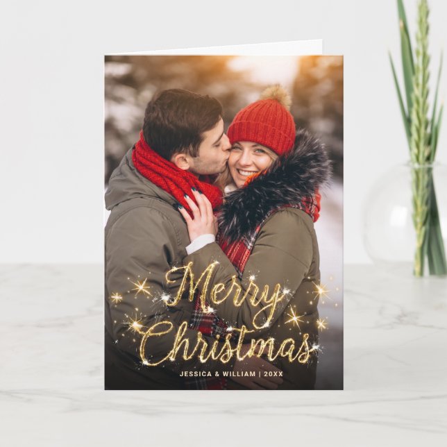 Modern Golden Christmas One PHOTO Greeting Holiday Card (Front)