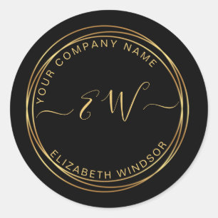 Modern golden circle on black monogram logo classic round sticker