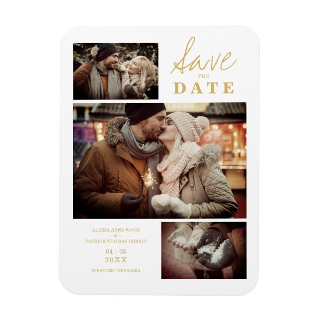 Modern Golden Effect 3 Custom Photos Wedding Magnet (Vertical)