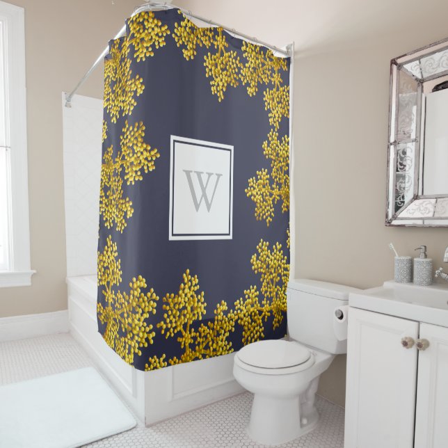 Modern Golden Flower Buds & Dark Grey | Monogram Shower Curtain (In Situ)