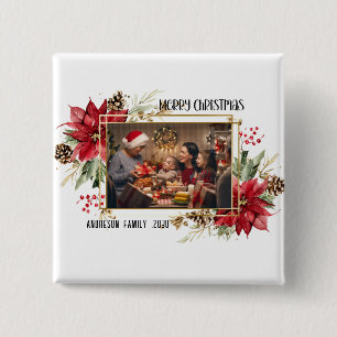 Modern golden Frame Floral Merry Christmas Photo 15 Cm Square Badge