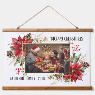 Modern golden Frame Floral Merry Christmas Photo Hanging Tapestry
