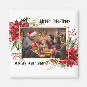 Modern golden Frame Floral Merry Christmas Photo Magnet