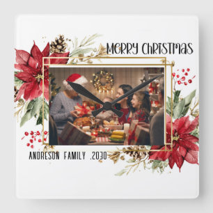 Modern golden Frame Floral Merry Christmas Photo Square Wall Clock