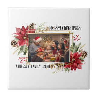 Modern golden Frame Floral Merry Christmas Photo Tile