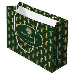 Modern Golden Glitter Green Christmas Tree Large Gift Bag
