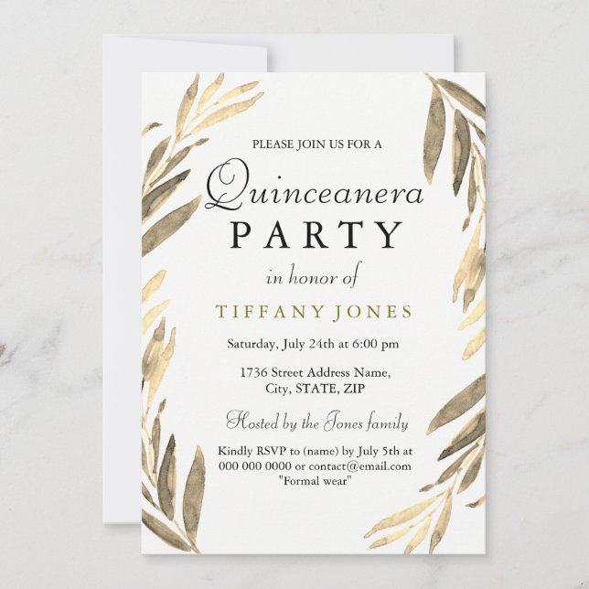 Modern Golden Gold Leaf Quinceanera Party Invite (Front)
