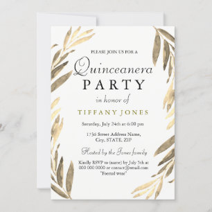 Modern Golden Gold Leaf Quinceanera Party Invite