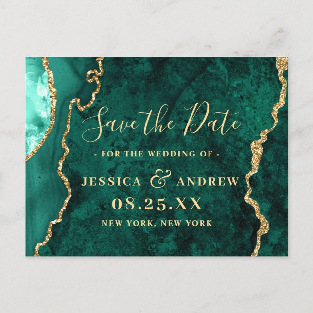 Modern Golden Green Agate Marble Save the Date Announcement Postcard (Front)