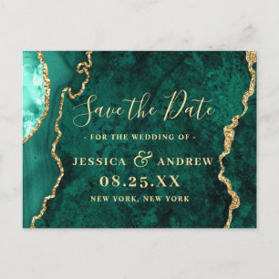 Modern Golden Green Agate Wedding Save the Date Postcard