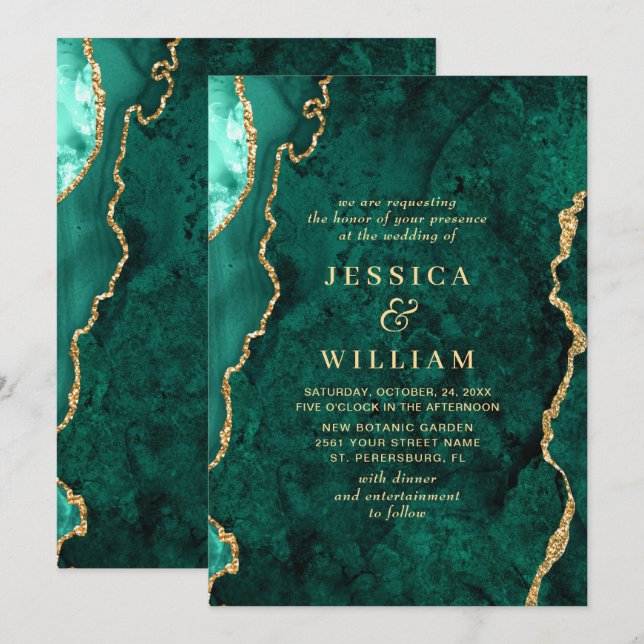 Modern Golden Green Marble Agate Wedding Invitation (Front/Back)