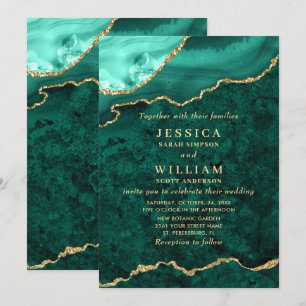 Modern Golden Green Marble Agate Wedding Invitation