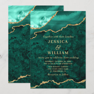 Modern Golden Green Marble Agate Wedding Invitation