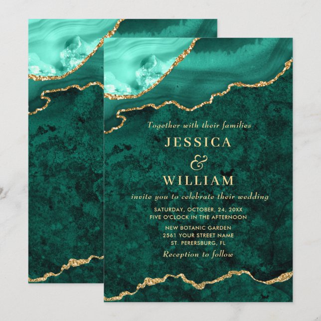 Modern Golden Green Marble Agate Wedding Invitation (Front/Back)