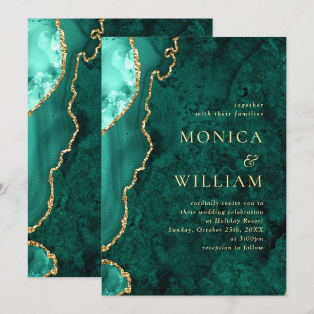 Modern Golden Green Marble Agate Wedding Invitation (Front/Back)