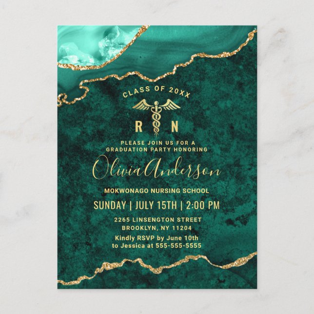 Modern Golden Green RN Graduation Party Announcement Postcard (Front)