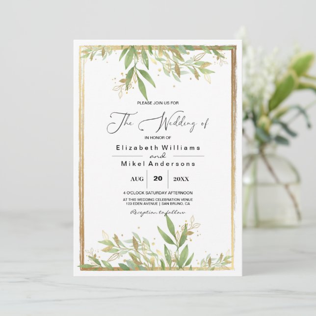 Modern Golden Greenery & Classic Border wedding  Invitation (Standing Front)