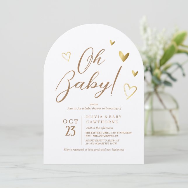 Modern Golden Hearts Neutral Oh Baby Shower Invitation (Standing Front)