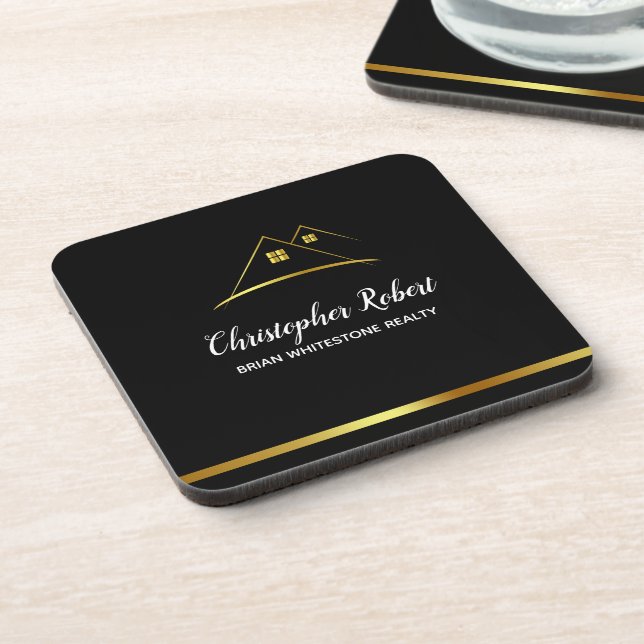 Modern Golden House Logo Real Estate Coaster (Left Side)