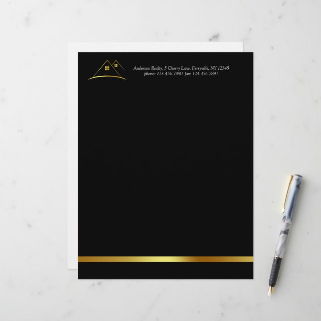Modern Golden House Logo Real Estate Custom Letterhead (Front/Back In Situ)