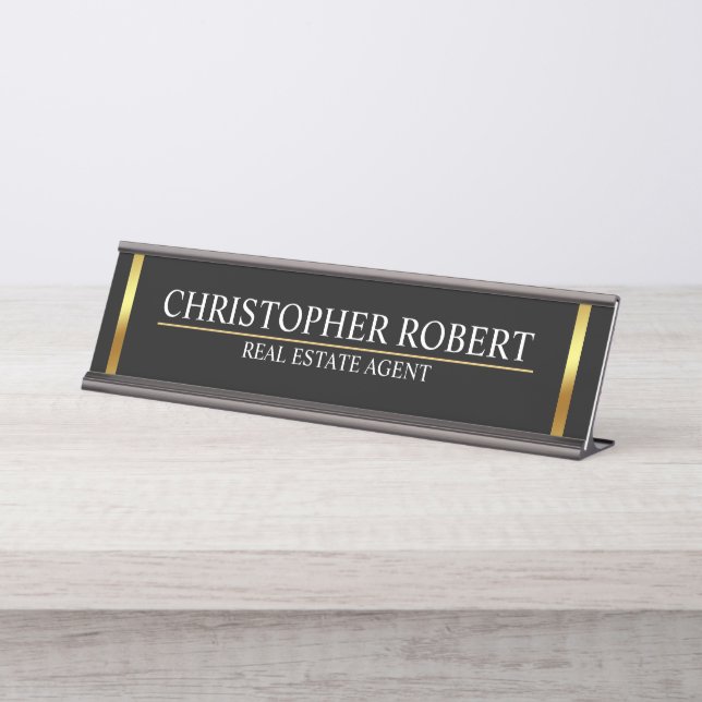Modern Golden House Logo Real Estate Desk Name Plate (Front)