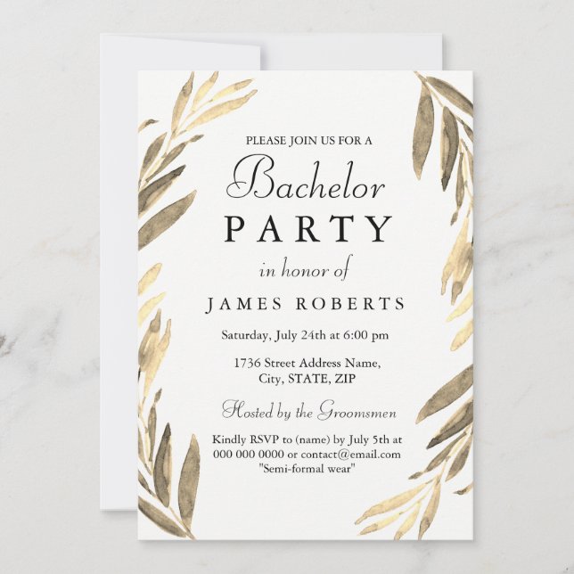 Modern Golden Leaf Bachelor Party Invite (Front)