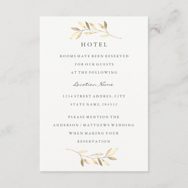 Modern Golden Leaf Wedding Hotel Accommodation Enclosure Card (Front)