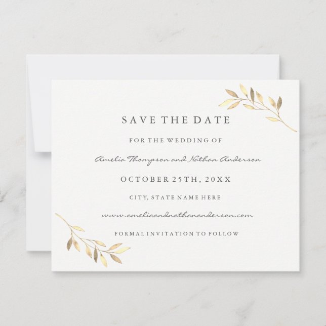 Modern Golden Leaf Wedding Save The Date (Front)