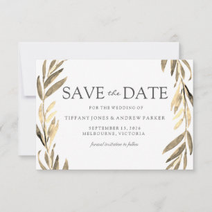 Modern Golden Leaf Wreath Save The Date