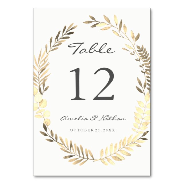 Modern Golden Leaf Wreath Table Number Cards (Front)