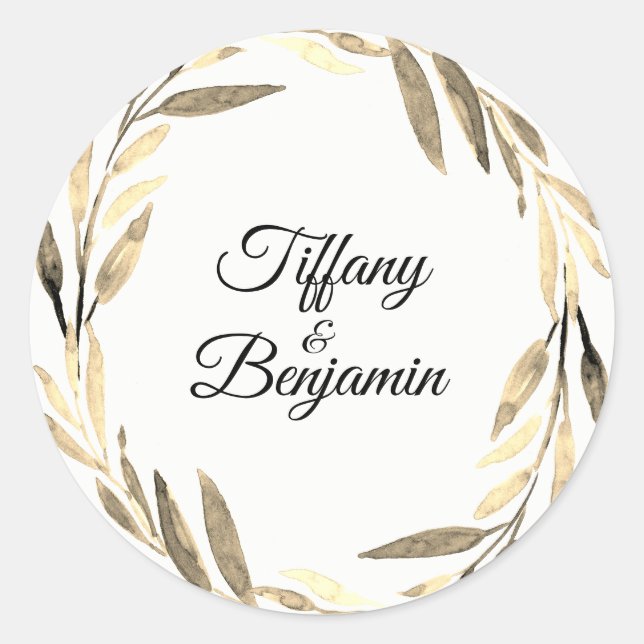 Modern Golden Leaf Wreath Wedding Engagement Party Classic Round Sticker (Front)