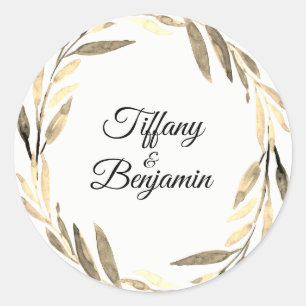 Modern Golden Leaf Wreath Wedding Engagement Party Classic Round Sticker