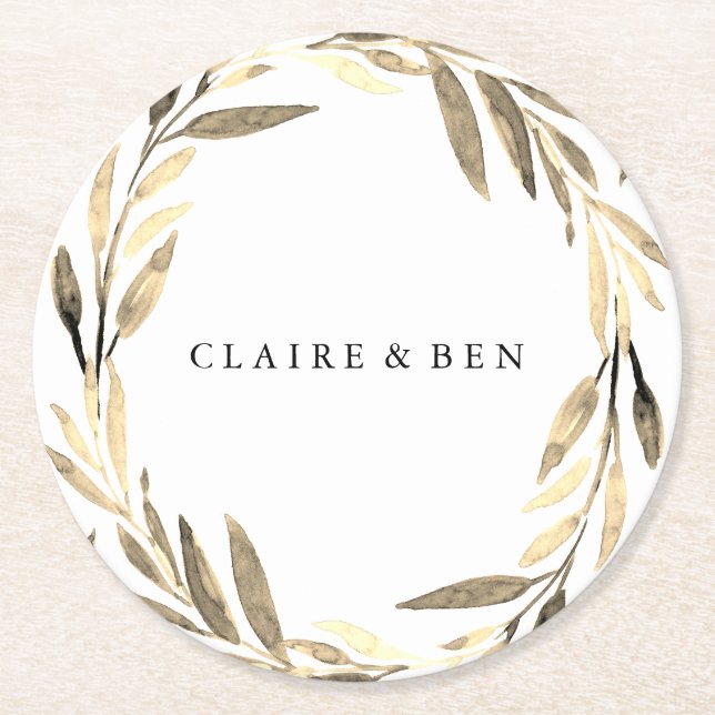 Modern Golden Leaf Wreath Wedding Engagement Party Round Paper Coaster (Front)