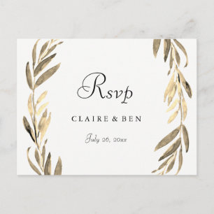 Modern Golden Leaf Wreath Wedding RSVP Postcard