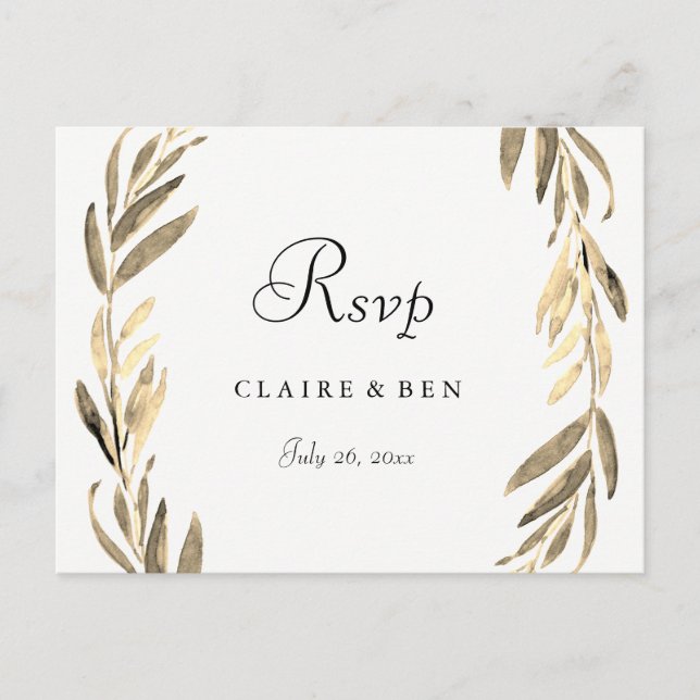Modern Golden Leaf Wreath Wedding RSVP Postcard (Front)