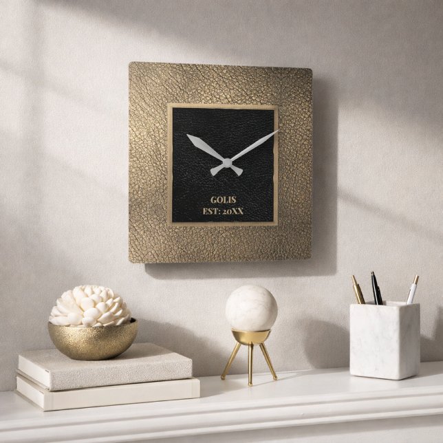 Modern Golden-Leather& Black Minimalist  Square Wall Clock (Creator Uploaded)