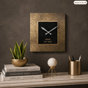 Modern Golden-Leather& Black Minimalist Square Wall Clock