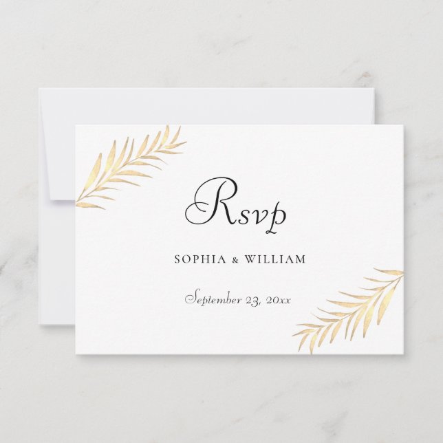 Modern Golden Leaves All Seasons Wedding RSVP Card (Front)