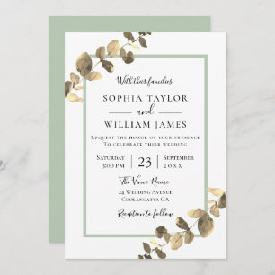 Modern Golden Leaves Greenery Border Wedding Invitation